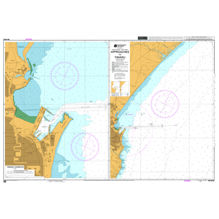 Admiralty Chart NZ6422: Approaches to Timaru by Admiralty offers detailed coastal outlines, harbor info, water depths (blue), land (yellow), navigation aids, compass roses, and key maritime details for safe navigation near Timaru, New Zealand.