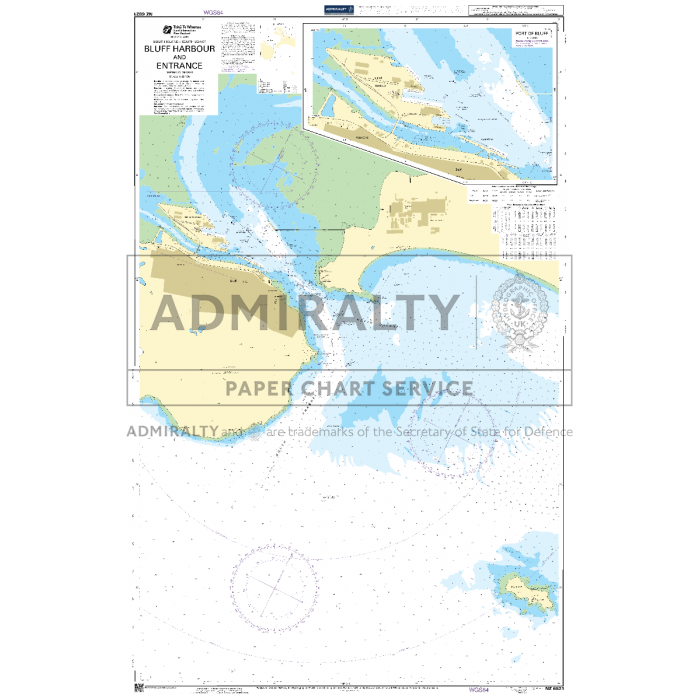 Admiralty Chart NZ6821: Bluff Harbour and Entrance details water depths, coastal features, and shipping routes for safe navigation near Bluff Harbour, New Zealand, with inset map and signature Admiralty branding.