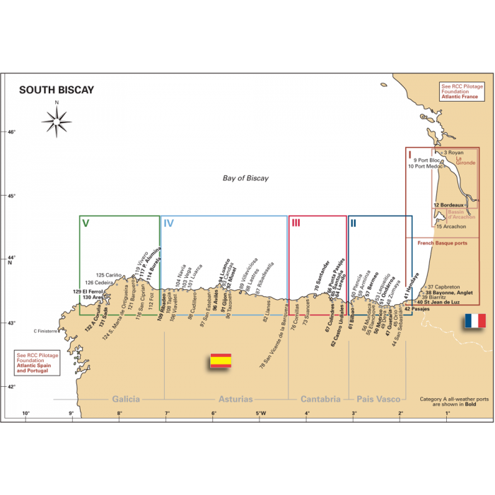 The South Biscay map by Imray provides a detailed view of the southern coast of the Bay of Biscay, covering ports and regions from Galicia to the French Basque Country. Key features on the Spanish coast include Port Medoc, Arcachon, and Port Royale. The map clearly marks country borders with flags for Spain and France, as well as geographic coordinates.