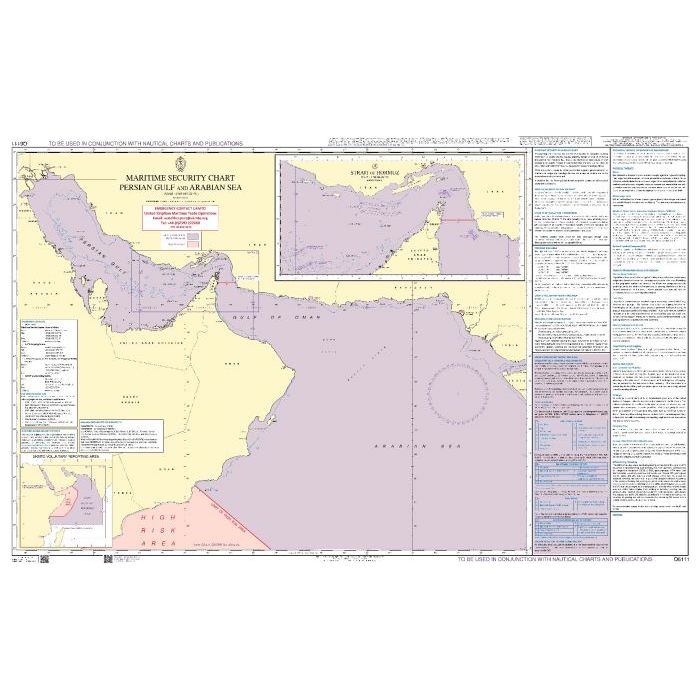 Admiralty Maritime Security Chart Q6111 details maritime boundaries, navigation routes, and security info for the Persian Gulf and Arabian Sea—ideal for passage planning. Produced by Admiralty with English text around the margins.