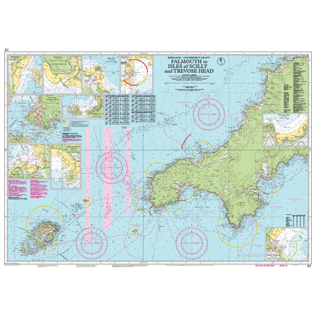 The Imray Chart C7: Falmouth to Isles of Scilly and Trevose Head is a weather-resistant nautical chart tailored for small crafts, featuring depth markings, navigational routes, and detailed insets for specific areas along the southwest coast of England.