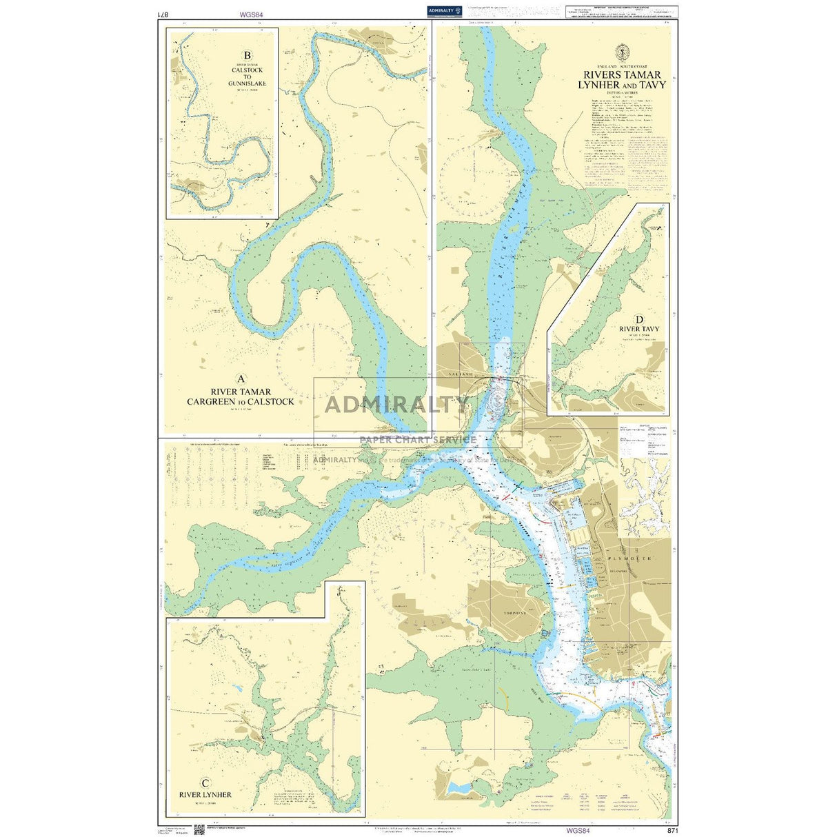 The Admiralty Chart 871, by Admiralty, provides detailed navigation for the Rivers Tamar, Lynher, and Tavy in the UK. It features water depths, coastal areas, and routes adhering to SOLAS regulations with insets offering extra details on specific river sections.