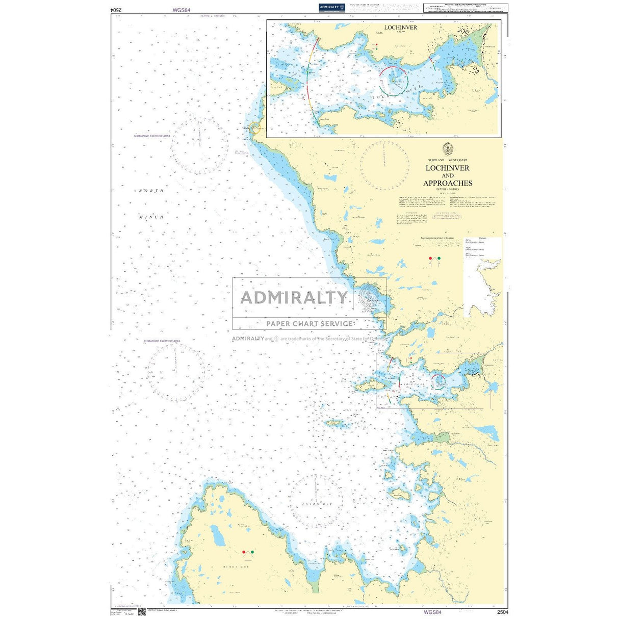 Admiralty Chart 2504: Lochinver and Approaches by Admiralty details water depths, coastal features, navigation aids, and includes an inset map of Lochinver Harbor on Scotland’s northwest coast.