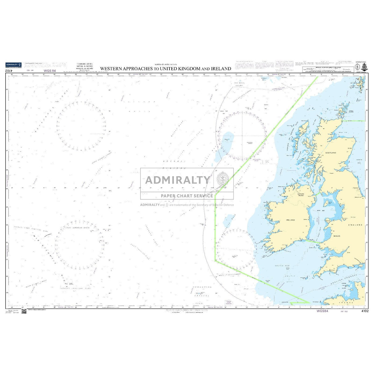 Admiralty Chart 4102: Western Approaches to United Kingdom and Ireland by Admiralty details sea depths, coastal outlines, and navigation boundaries—essential information for safe voyage planning with traditional paper charts.