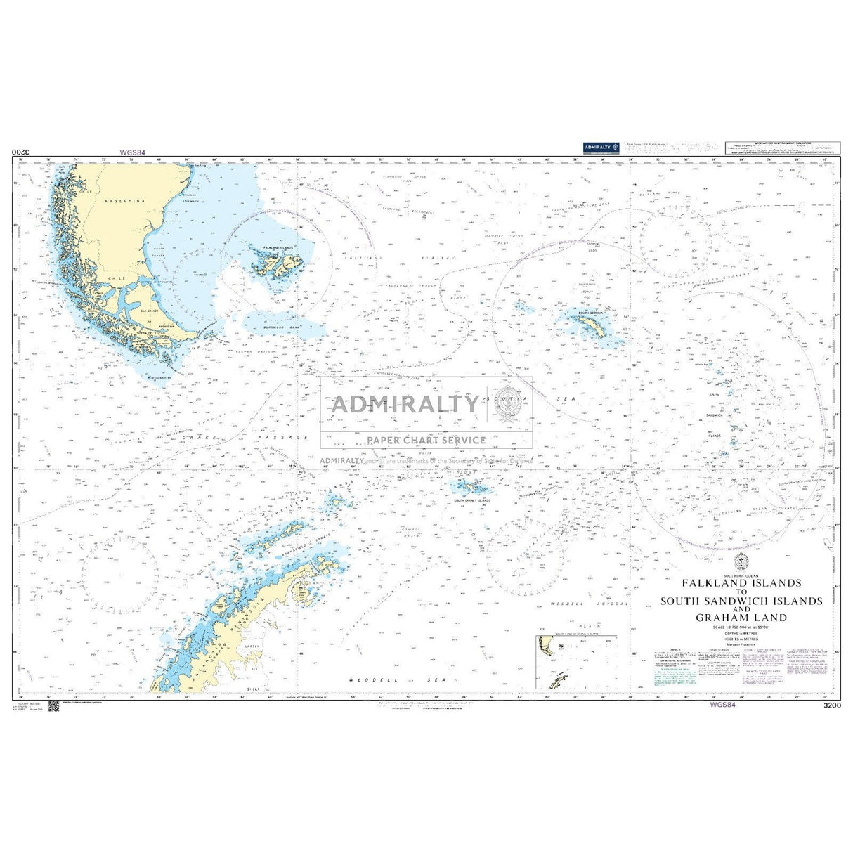 The Admiralty Chart 3200 offers comprehensive coverage of the South Atlantic Ocean, detailing the Falkland Islands, South Sandwich Islands, and Graham Land. It features updated navigation routes, water depths, and coastal details with precise labels and coordinates in blue and yellow.