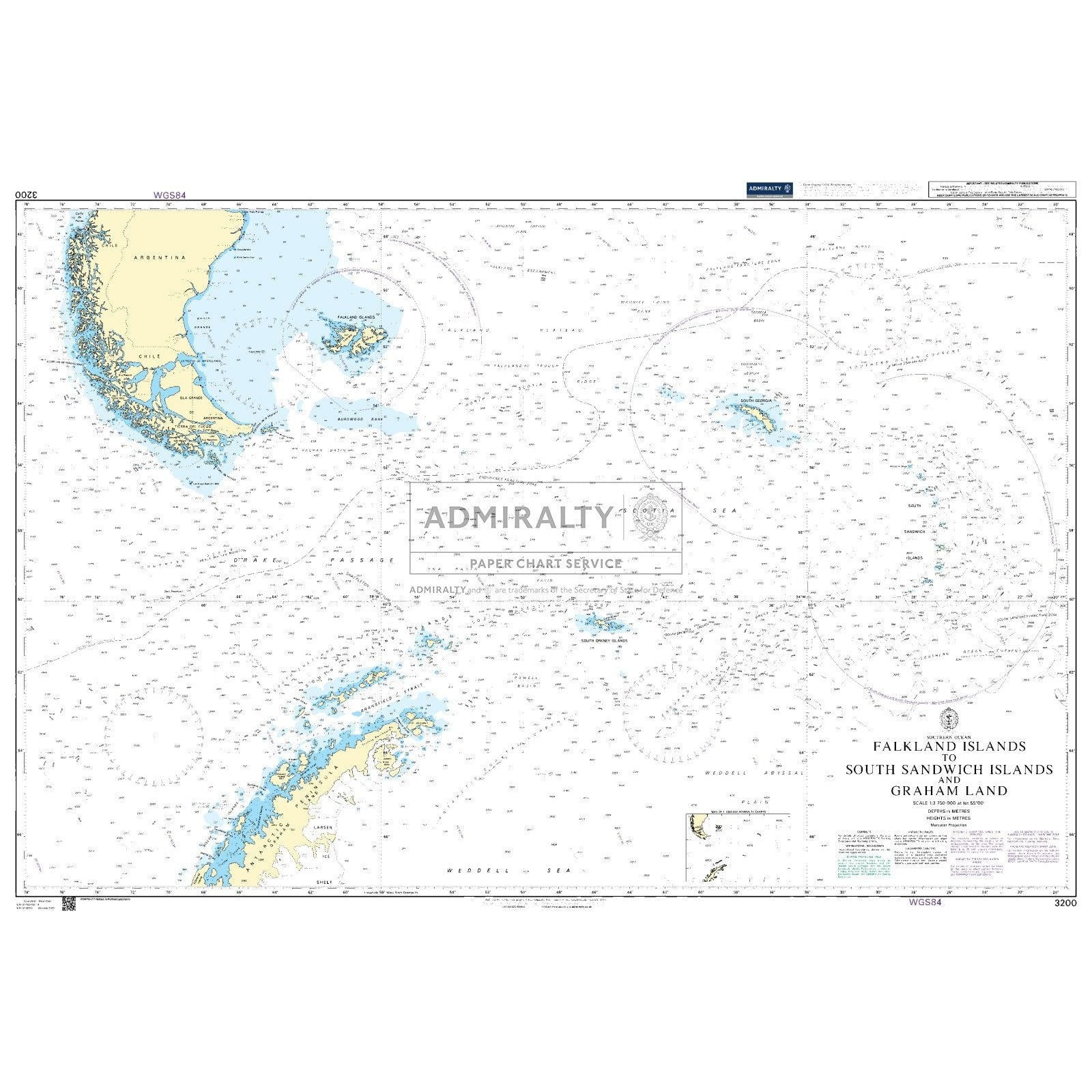 The Admiralty Chart 3200 offers comprehensive coverage of the South Atlantic Ocean, detailing the Falkland Islands, South Sandwich Islands, and Graham Land. It features updated navigation routes, water depths, and coastal details with precise labels and coordinates in blue and yellow.