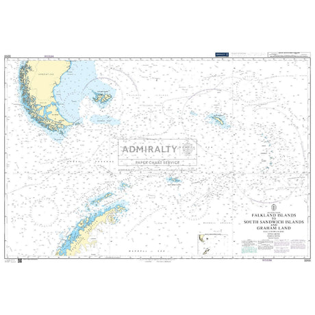 The Admiralty Chart 3200 offers comprehensive coverage of the South Atlantic Ocean, detailing the Falkland Islands, South Sandwich Islands, and Graham Land. It features updated navigation routes, water depths, and coastal details with precise labels and coordinates in blue and yellow.