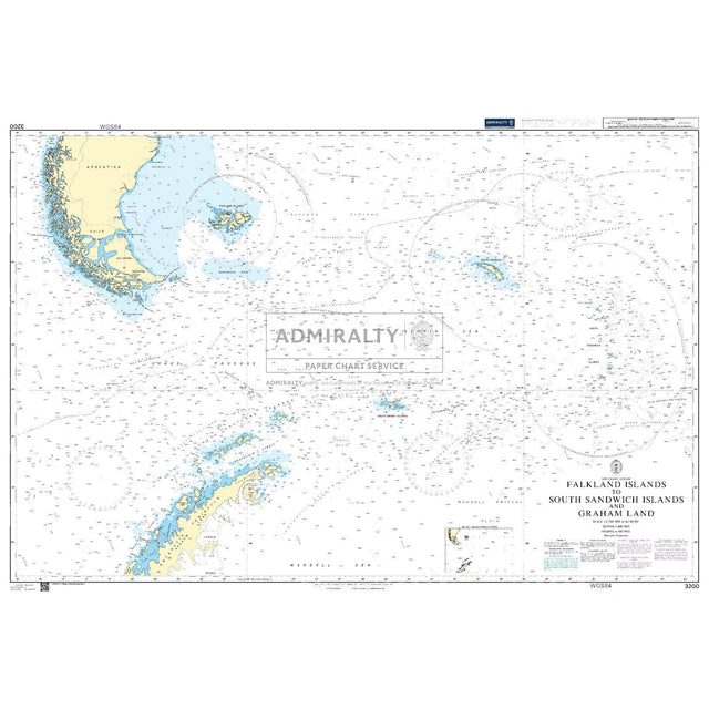 The Admiralty Chart 3200 offers comprehensive coverage of the South Atlantic Ocean, detailing the Falkland Islands, South Sandwich Islands, and Graham Land. It features updated navigation routes, water depths, and coastal details with precise labels and coordinates in blue and yellow.