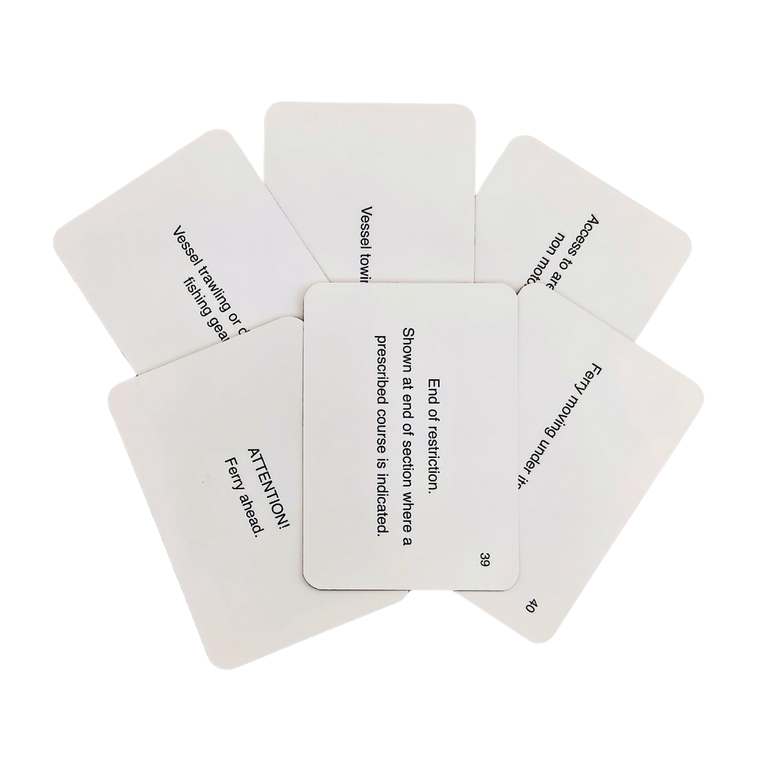 A set of five "Flip Cards: CEVNI Signs and Lights" features various nautical instructions, making them ideal for anyone preparing for the RYA examination or pursuing a CEVNI endorsement for inland water navigation.