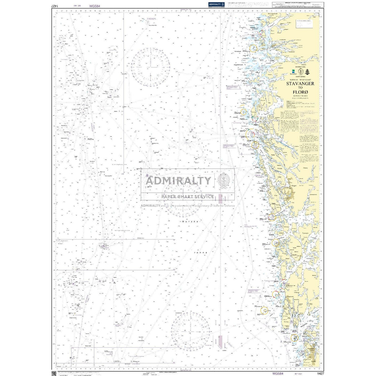 Admiralty Chart 1427: Stavanger to Floro is an official paper nautical chart by Admiralty, covering Norway's west coast with detailed coastal features, Admiralty symbols, depth markings, and maritime routes for safe navigation.
