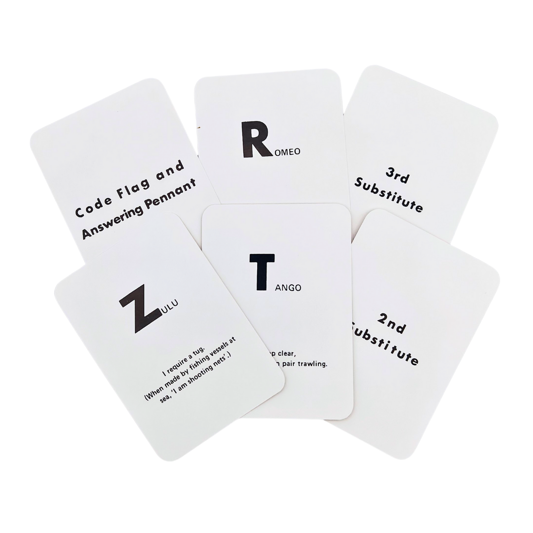 The Flip Cards: International Code Flags by Flip Cards consists of a fan-shaped set of six cards that display the International Code of Signals with phonetic spellings, such as "R" for Romeo, "T" for Tango, and "Z" for Zulu. The set also features important signal flags like "Code Flag and Answering Pennant," "3rd Substitute," and "2nd Substitute.