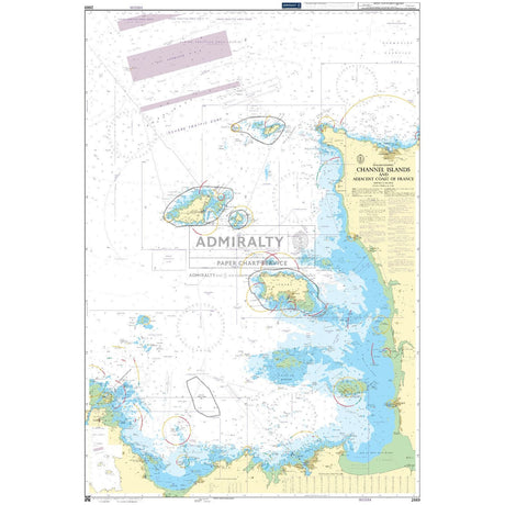 The Admiralty Chart 2669, covering the Channel Islands and adjacent French coast, provides detailed coastal data, navigation routes, depth markers, and geographic features for safe maritime navigation.