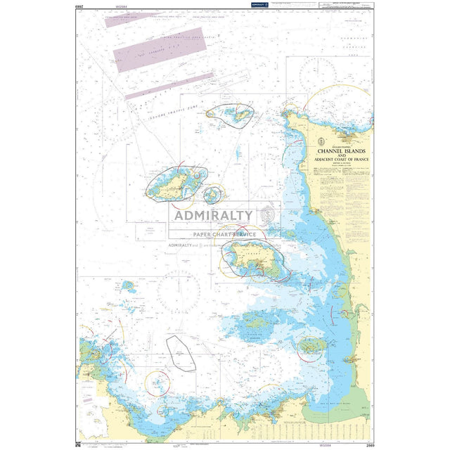 The Admiralty Chart 2669, covering the Channel Islands and adjacent French coast, provides detailed coastal data, navigation routes, depth markers, and geographic features for safe maritime navigation.
