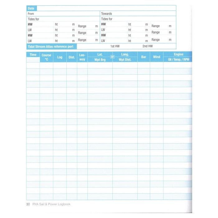 The Royal Yachting Association's RYA Sail & Power Logbook page offers columns for time, course, tides, leeway, latitude, and longitude. It reflects the RYA style with tidal data and high/low water headings to boost navigational skills for cruising boaters.