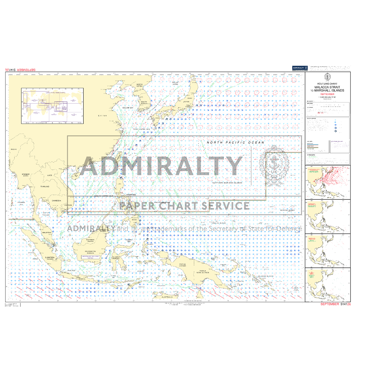 Admiralty Routeing Chart 5141(9): Malacca Strait to Marshall Islands - September by Admiralty. Features navigation markings, ocean passages, inset maps, a legend, and a prominent "ADMIRALTY" watermark across Southeast Asia to the Marshall Islands.
