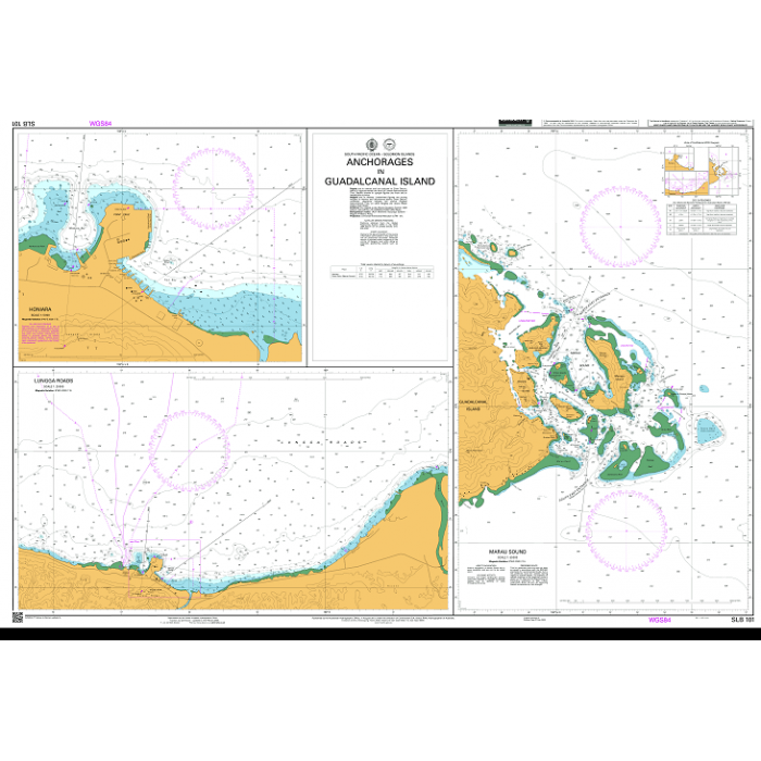 Admiralty Chart SLB101: Anchorages in Guadalcanal Island by Admiralty details depths, coastal features, and navigation aids for safe passage. Includes Honiara, Lungga Roads, Marau Sound with insets; based on ADMIRALTY Standard Nautical Charts.