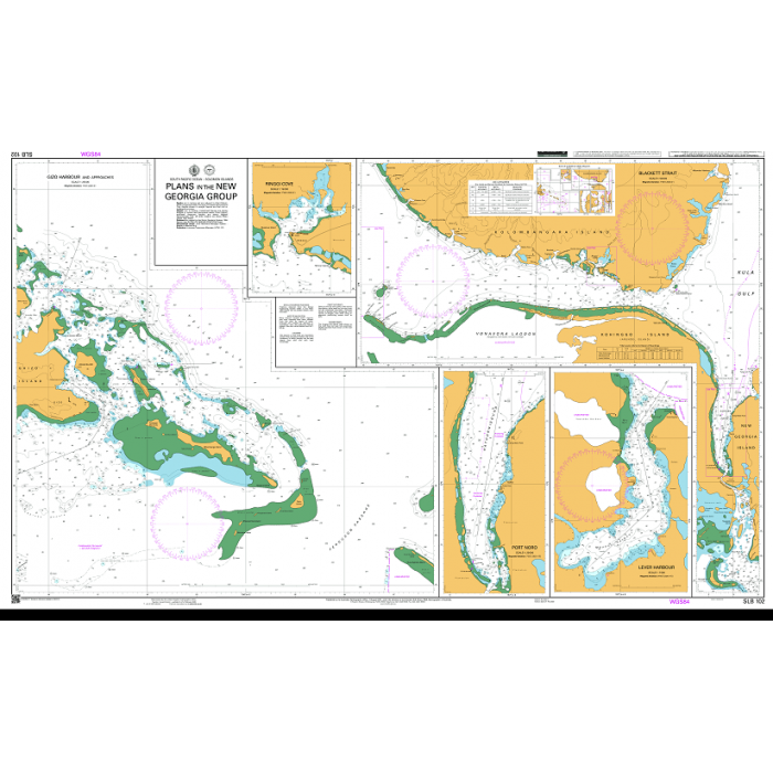 Admiralty Chart SLB102: Plans in the New Georgia Group by Admiralty provides detailed island plans, coastlines, waterways, depth markers, and navigation lines for safe navigation, including inset maps and legends for reference.