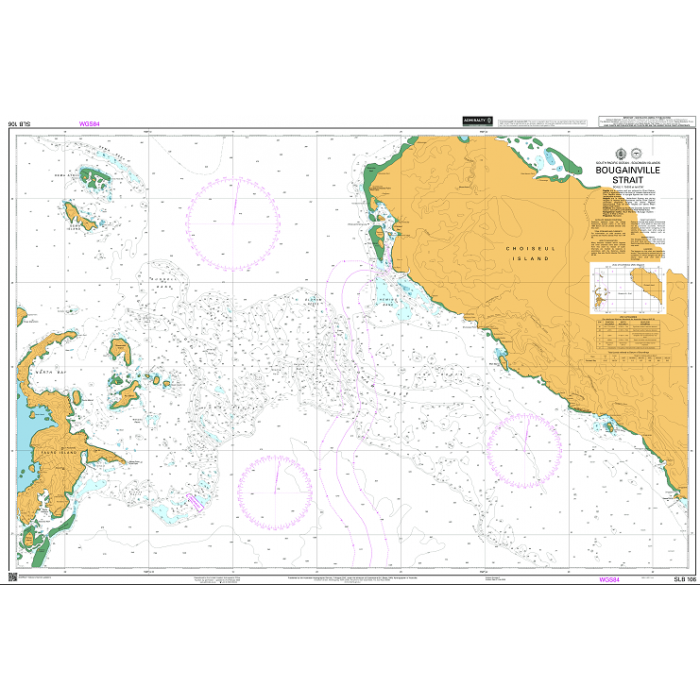 Admiralty Chart SLB106: Bougainville Strait by Admiralty displays coastal outlines, depths, shipping routes, islands, and compass roses for navigation. Land is shaded yellow; water appears white and blue.