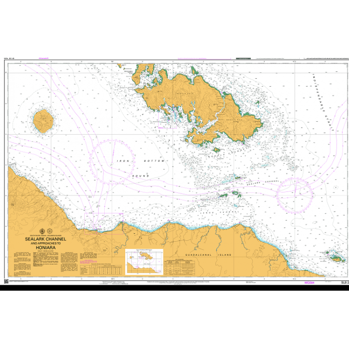 Admiralty Chart SLB201: Sealark Channel and Approaches to Honiara offers detailed coverage of Guadalcanal Island, surrounding areas, water depths, routes, hazards, and coastal features for safe navigation.