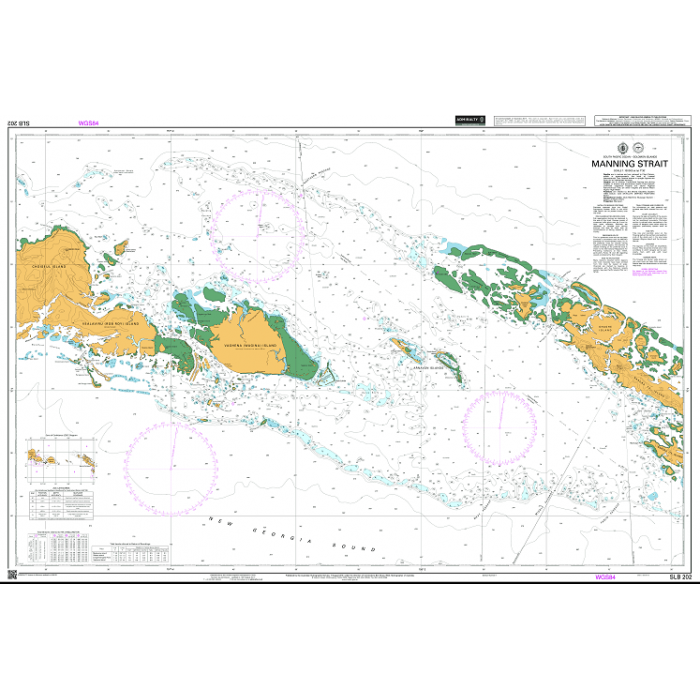 Admiralty Chart SLB202: Manning Strait by Admiralty displays islands, reefs, navigational markings, depth contours, and three large compass roses—with all key info and a legend in the top right for safe navigation.