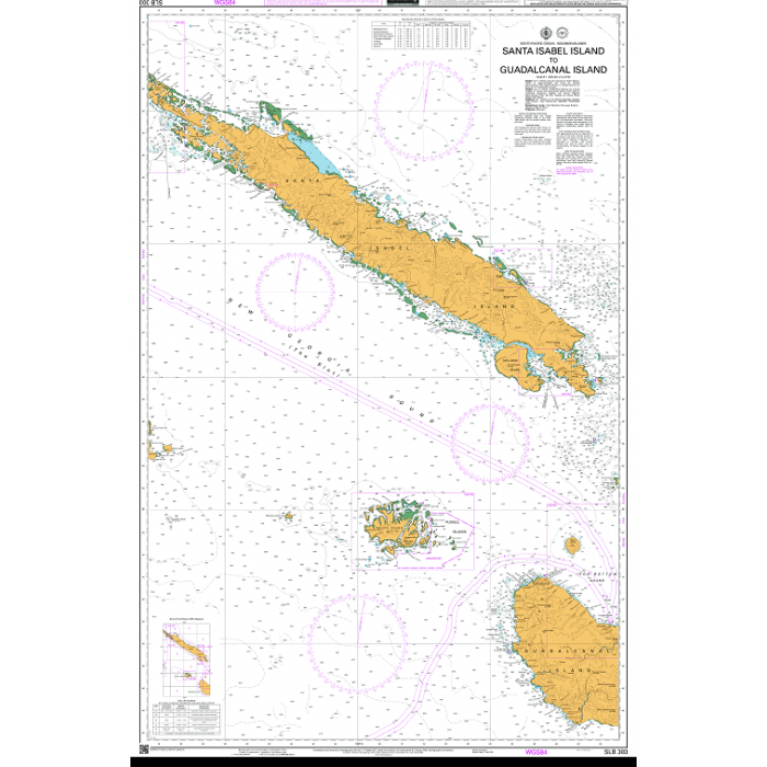 Admiralty Chart SLB303: Santa Isabel Island to Guadalcanal Island (Admiralty) details navigation markers, depth contours, and shipping routes around the Solomon Islands’ Santa Isabel and Guadalcanal.