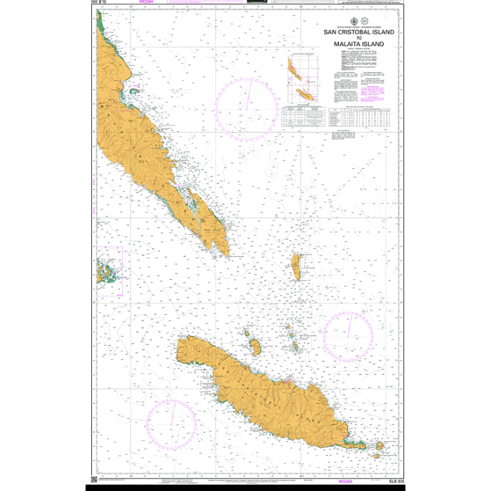 Admiralty Chart SLB305: San Cristobal Island to Malaita Island by Admiralty shows detailed coastlines, depth markings, navigation routes, compass roses, a latitude-longitude grid, and includes title and legend in the upper right corner.