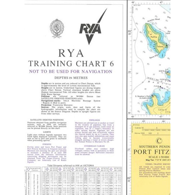 The Royal Yachting Association's RYA Training Chart TC6 - Southern Hemisphere is designed for training purposes and features navigational information and a section of a nautical map labeled "Southern Penins. Port Fitze..." with a fictitious coastline. The chart includes depths in meters, satellite-derived positions, symbols, and notes on underwater cables and pipelines.