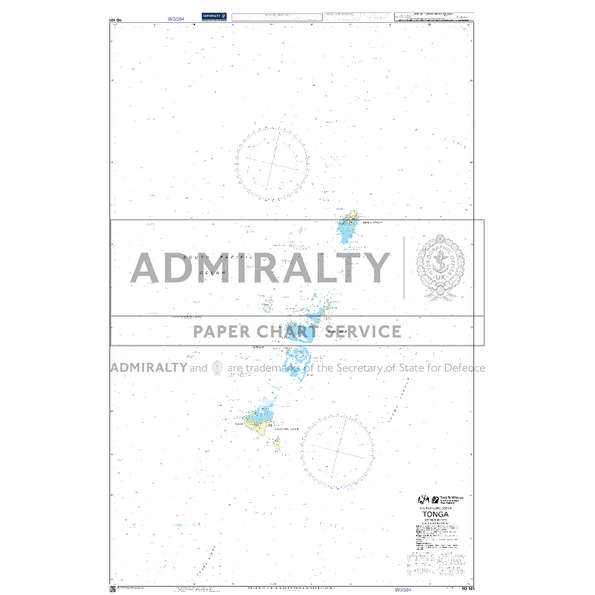 Product image of Admiralty Chart TO101 | Tonga, featuring navigational markings, depth soundings, and coastal features, essential for safe marine navigation. It could be displayed as an art piece or used for navigation on a boat or ship.