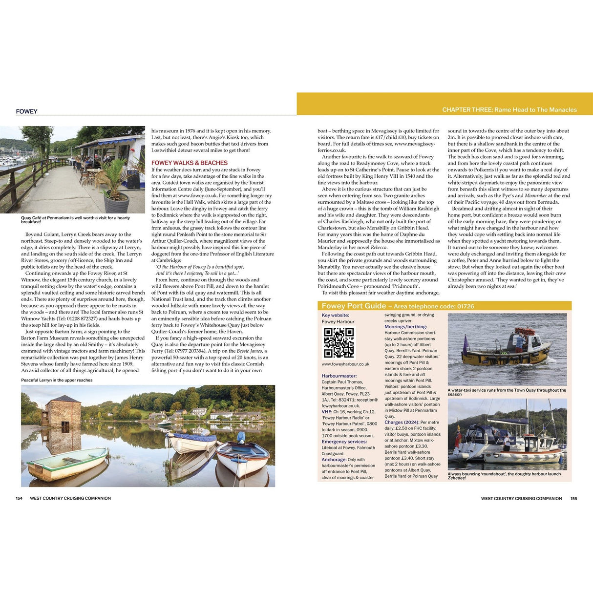 A two-page magazine spread on Fowey features riverside views, boats, a historic quay, and a chart from Fernhurst Books' West Country Cruising Companion, plus text on local attractions and history.