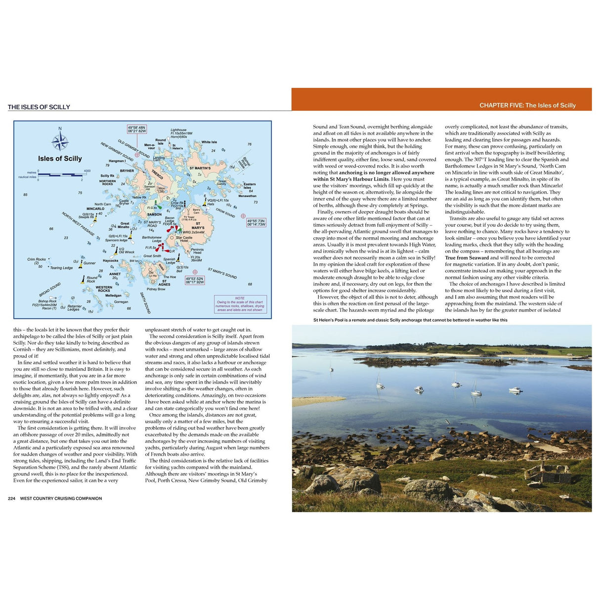 A two-page spread features a map of the Isles of Scilly, informative text, and a scenic photo—ideal for those exploring the area with Fernhurst Books’ West Country Cruising Companion.