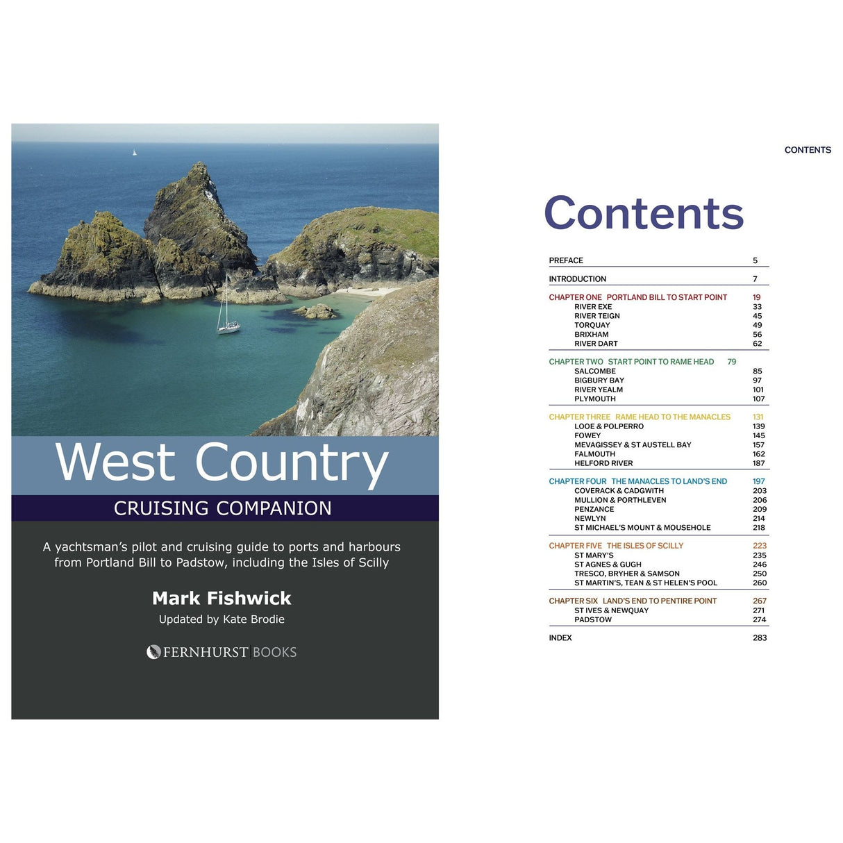 The "West Country Cruising Companion" by Fernhurst Books features a coastal cover and contents page, detailing chapters on yachting and cruising spots—your trusted West Country pilot guide.