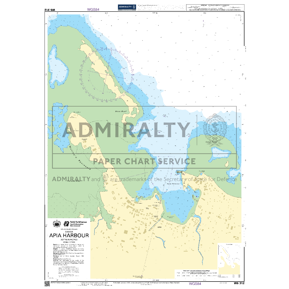 Product image of Admiralty Chart WS312 | Apia Harbour, featuring navigational markings, depth soundings, and coastal features, essential for safe marine navigation. It could be displayed as an art piece or used for navigation on a boat or ship.