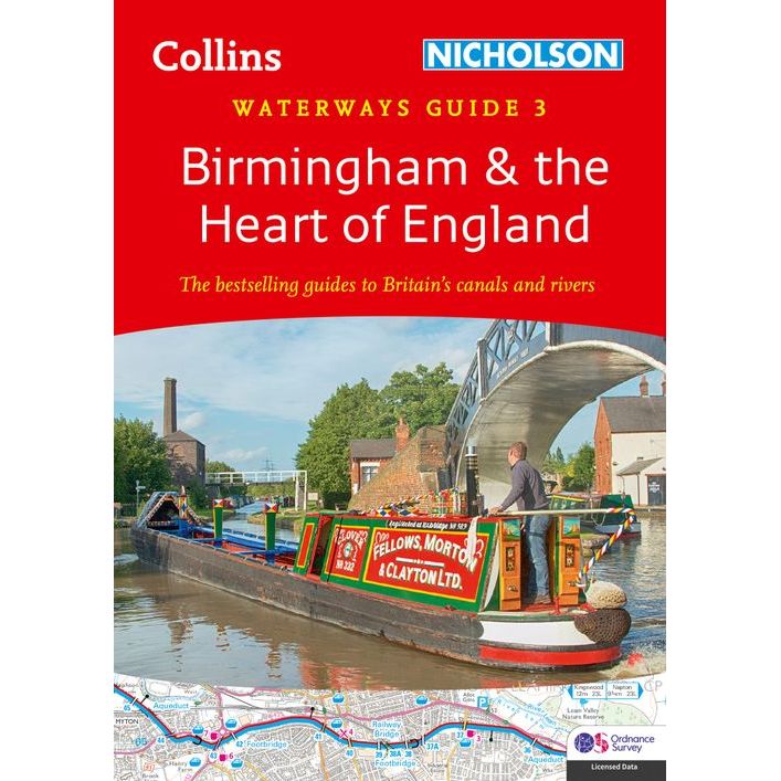 Cover of Nicholson Waterways Guide 3: "Birmingham and the Heart of England" by Nicholson. Showcases a narrowboat on Birmingham canals, a bridge, map snippet, and text emphasizing its focus on Britain's inland waterways.