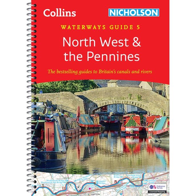 The cover of Nicholson's "Waterways Guide 5: North West and the Pennines" displays vibrant narrowboats on canals by historic stone structures in North West England, featuring a detailed boating facilities map below and a bold red banner at the top.
