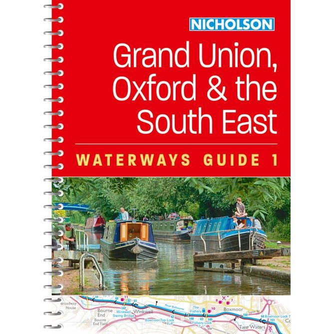 Cover of Nicholson's spiral-bound "Waterways Guide 1: Grand Union, Oxford and the South East" featuring Britain's canals with boats amidst green scenery and a detailed map strip at the bottom.