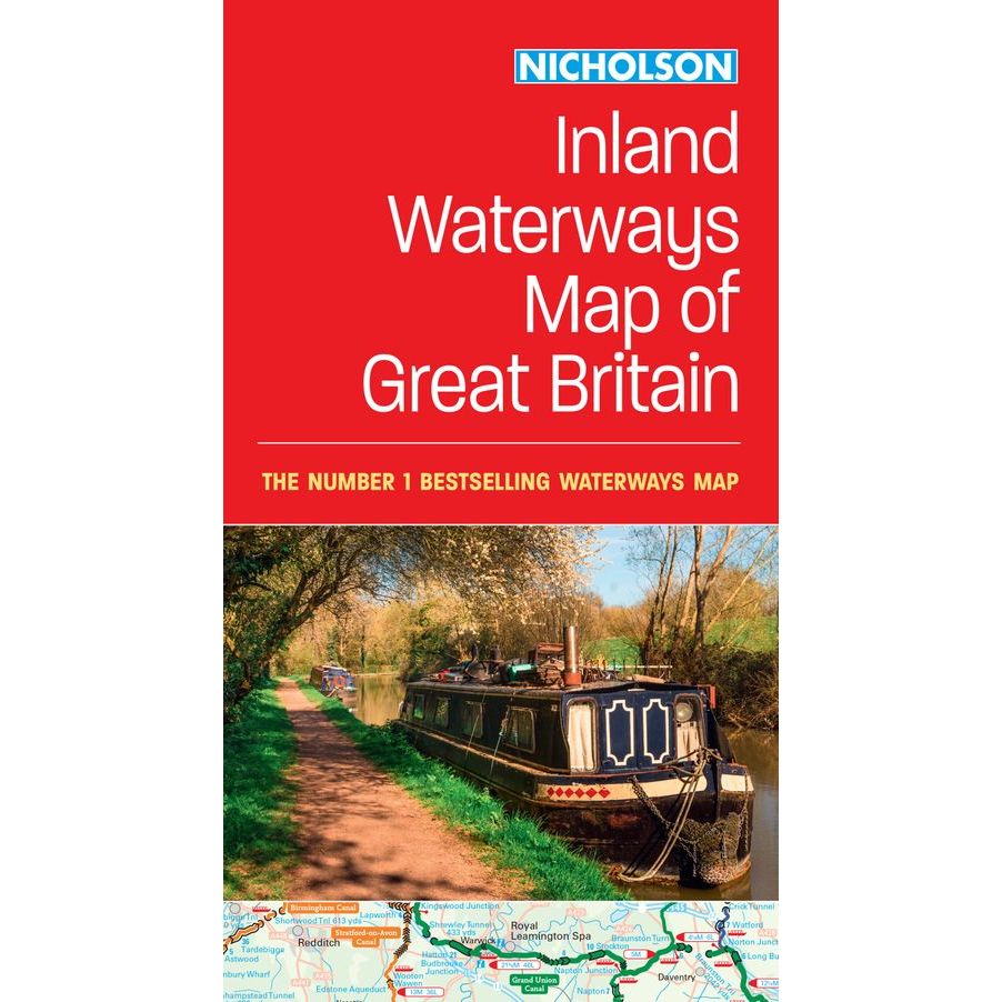 Cover of Nicholson Inland Waterways Map of Great Britain by Nicholson: Showcases a canal boat on a tree-lined waterway with a towpath, capturing the essence of Britain's canals and rivers. A partial map appears at the bottom, labeled as a bestselling Waterways Guide.