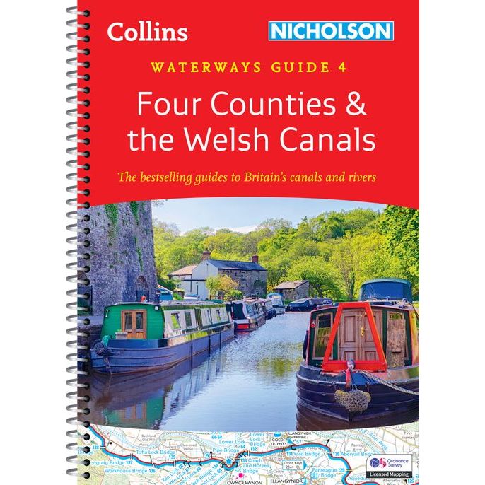 Nicholson's "Waterways Guide 4: Four Counties and the Welsh Canals" showcases canal boats along a serene, tree-lined waterway under a clear sky. Ideal for walking and cycling enthusiasts, it offers insights into Britain's lively canals and rivers. Spiral-bound cover by Collins brand.