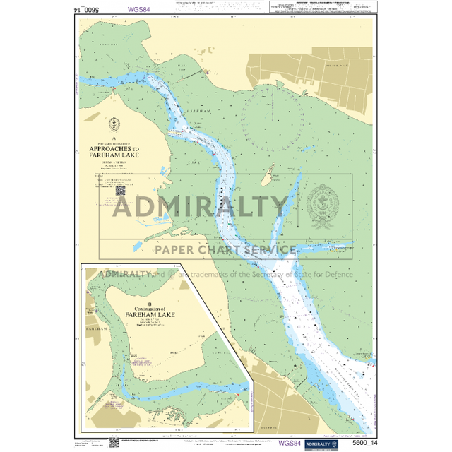 The nautical chart titled "Admiralty Small Craft Charts - 5600 - The Solent and Approaches" provides detailed water depths, navigation routes, and coastal landmarks for the Fareham Lake area. Including compass directions, grid lines, and hydrological information, this chart by Admiralty is essential for coastal navigation.