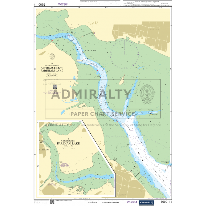The nautical chart titled "Admiralty Small Craft Charts - 5600 - The Solent and Approaches" provides detailed water depths, navigation routes, and coastal landmarks for the Fareham Lake area. Including compass directions, grid lines, and hydrological information, this chart by Admiralty is essential for coastal navigation.