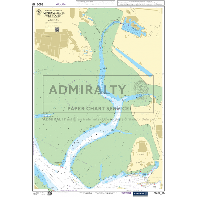 The Admiralty Small Craft Charts - 5600 - The Solent and Approaches showcases water depths with marked navigation aids. Coastal areas and land features are visible in beige, ideal for coastal navigation. Green shading indicates shallow waters, catering to small craft users. Numerous navigational symbols and text annotations are highlighted throughout the chart.