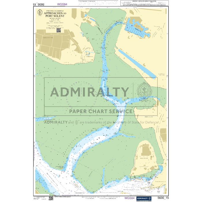 The Admiralty Small Craft Charts - 5600 - The Solent and Approaches showcases water depths with marked navigation aids. Coastal areas and land features are visible in beige, ideal for coastal navigation. Green shading indicates shallow waters, catering to small craft users. Numerous navigational symbols and text annotations are highlighted throughout the chart.