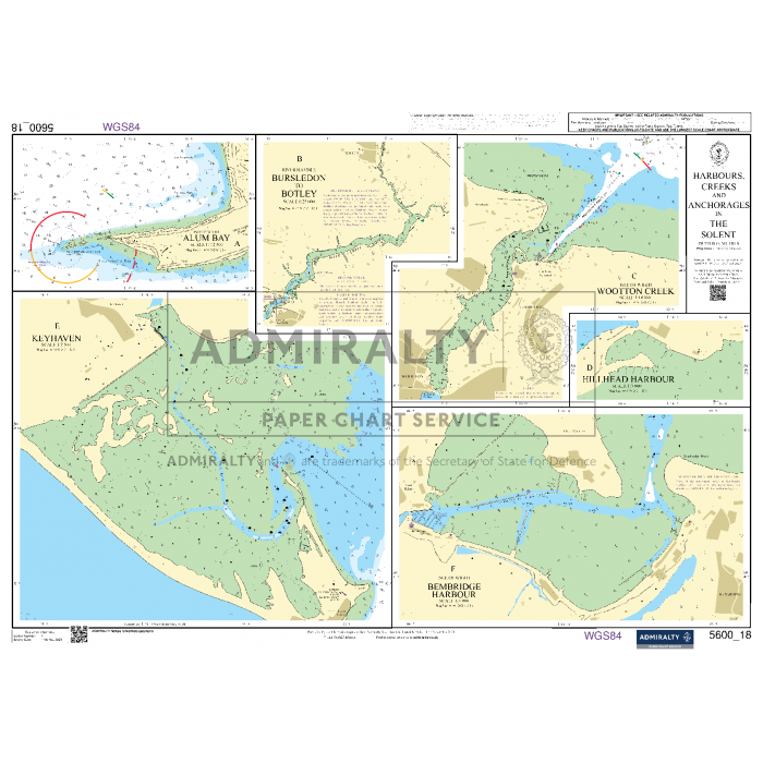 The "Admiralty Small Craft Charts - 5600 - The Solent and Approaches" by Admiralty provides detailed maps of Allen Bay, Burlesdon and Botley, Kativnan, Woodton Creek, Bembridge Harbour, and Birdham Harbour with essential navigational markers and depth contours for coastal navigation.