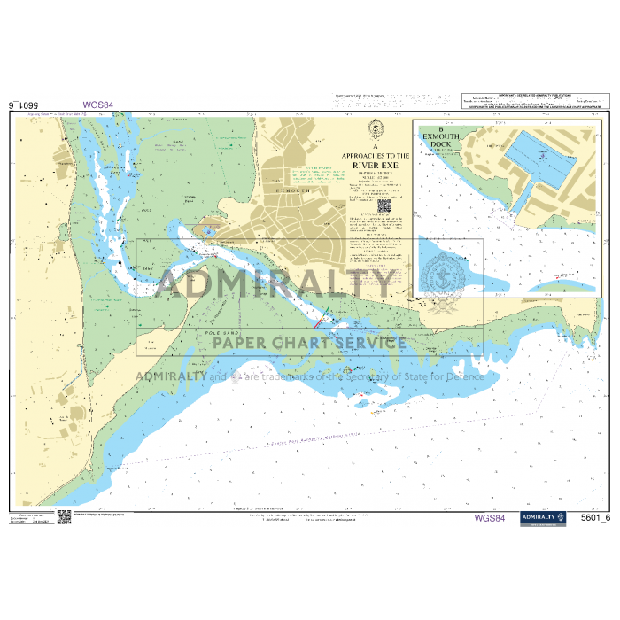 The Admiralty Small Craft Charts - 5601 - East Devon and Dorset, essential for maritime experts, feature detailed depictions of water depths, navigational aids, shoreline features, and significant landmarks along the coastal region. This chart includes insets of the Exmouth Dock area and surrounding waterways for precise coastal navigation.