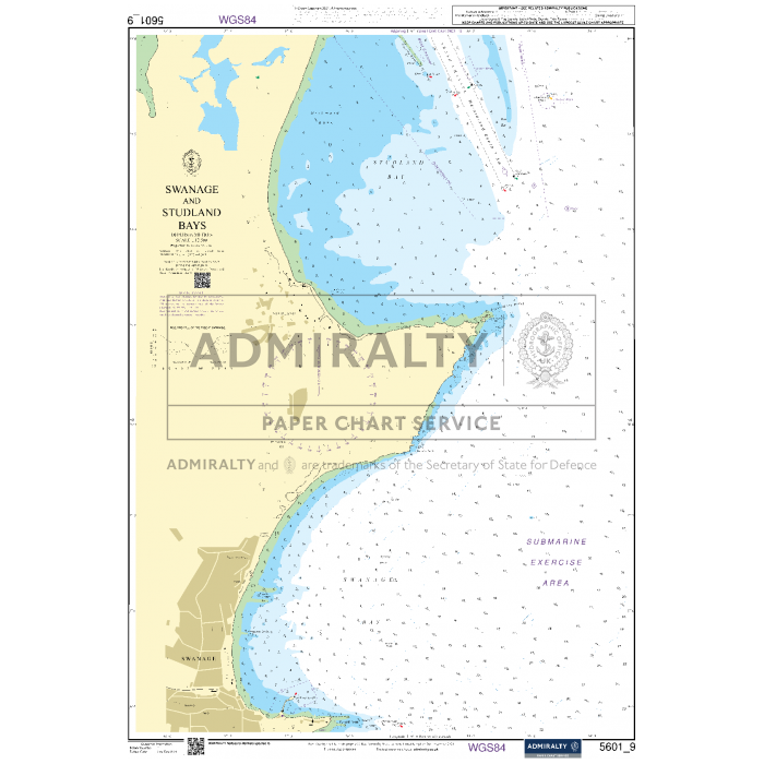 The "Admiralty Small Craft Charts - 5601 - East Devon and Dorset" by Admiralty is a nautical chart displaying the coastlines and marine features of Swanage, Studland Bays, and their surrounding areas. It includes depth markings, navigational aids, and various maritime symbols. Designed for coastal navigation, this Admiralty Paper Chart Service is trusted by maritime experts.