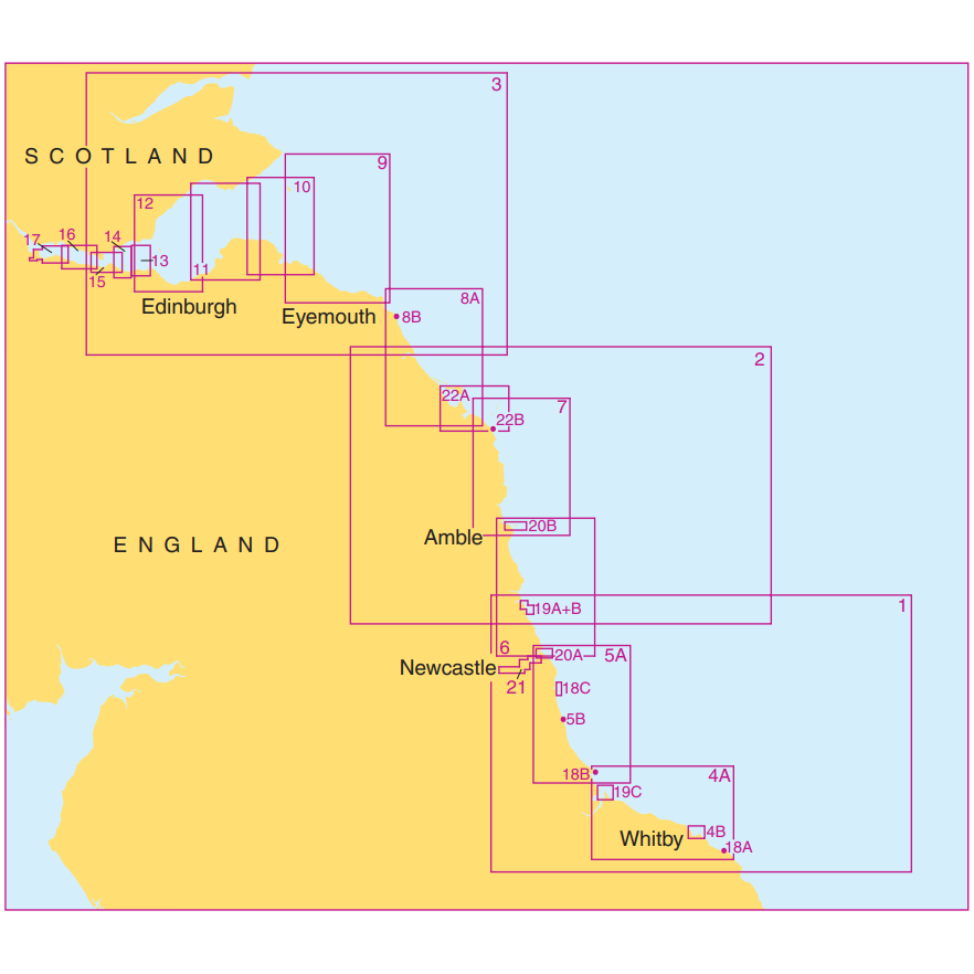 A map showing sections of the UK coastline, including parts of Scotland and England. Labels mark areas such as Edinburgh, Eyemouth, Amble, Newcastle, and Whitby, linked by pink lines with numbered segments.