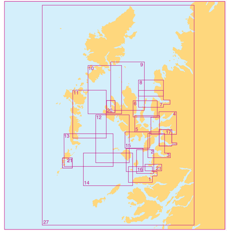 Map of a coastal region with orange landmasses and light blue waters. Multiple overlapping rectangles are outlined in purple, each numbered from 1 to 21. The larger area is outlined in pink.