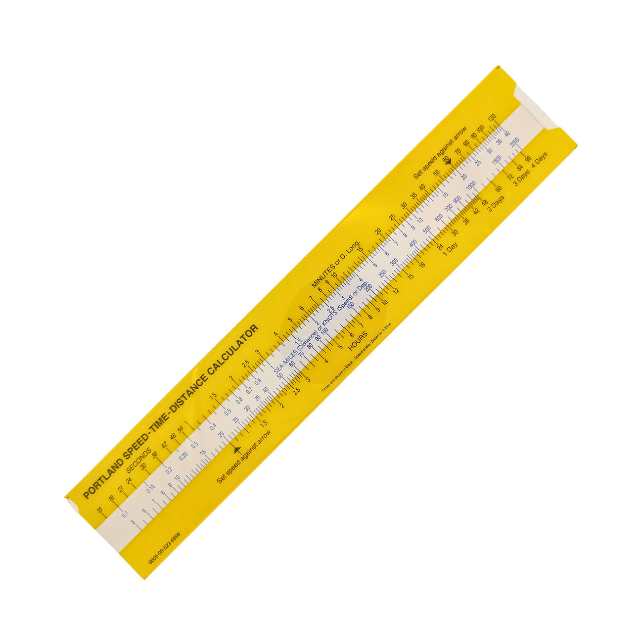 A yellow Portland Speed Time Distance Calculator with scales and measurement markings for navigation and calculations.