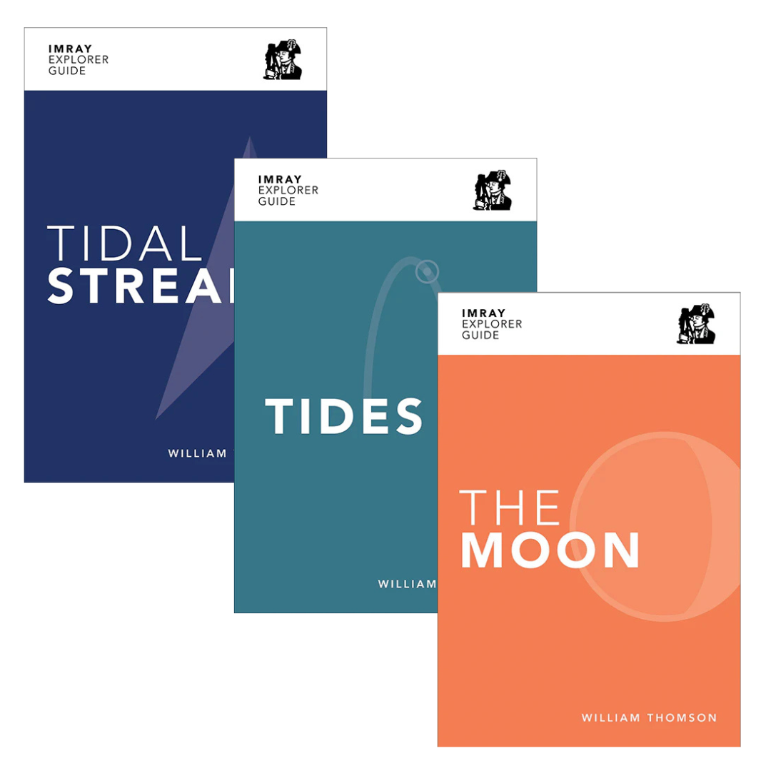 A composite image of the three books in the Imray Explorer Guide series - Tidal Streams in blue, Tides in teal and The Moon in orange. Each features the Imray logo.