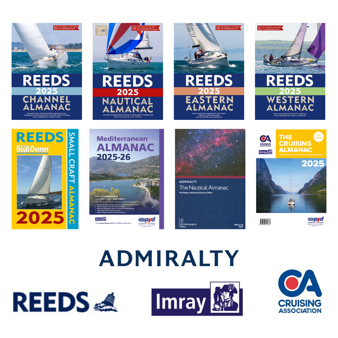 A collection of nautical almanac book covers, including Reeds almanacs for various regions, and other titles for Mediterranean and cruising guides, displayed against a blue background.