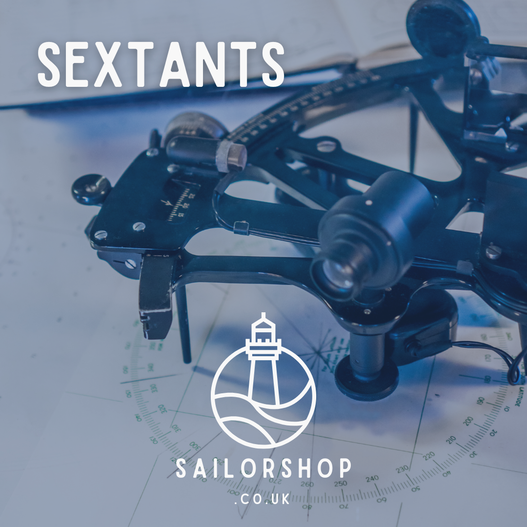 A close-up of a sextant on a nautical chart, with the word "SEXTANTS" at the top and the Sailorshop.co.uk logo featuring a lighthouse at the bottom.
